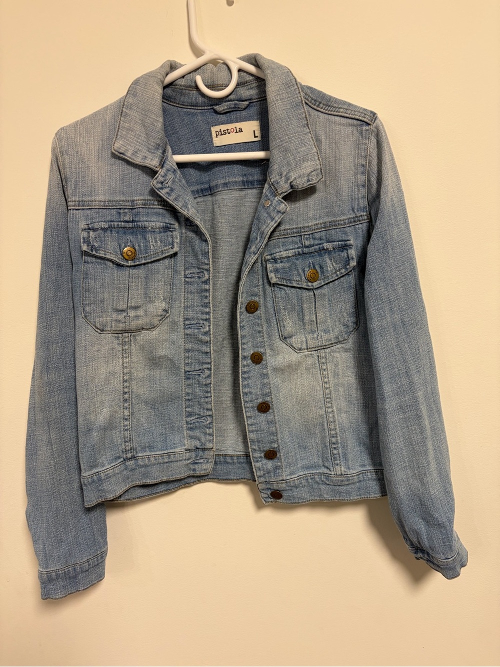 Pistola Women’s Cropped Light-Wash Denim Trucker Jacket Coat Sz Large Classic